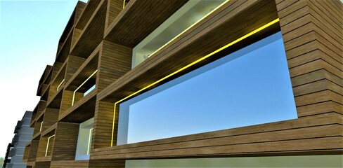 The use of facade boards in modern suburban hotel construction. Reflective panoramic windows convey the plausibility of landscape paintings. 3d rendering.