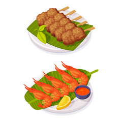 Traditional Thai Food with Fried Meat on Sticks and Shrimps Vector Se