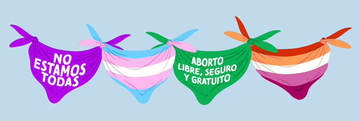 Pañuelos anudados por el aborto, derechos de las personas trans, bandera lésbica y morado feminista - obrazy, fototapety, plakaty