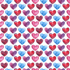 valentine's day. Seamless pattern on a white background and watercolor hearts, blue, burgundy, pink flowers hand-painted in watercolor. Suitable for printing on wallpaper, postcards and scrapbooking.