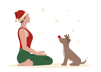 Christmas yoga relax. Flat vector concept illustration - cute woman and dog doing yoga exercises in Santa Claus disguise.