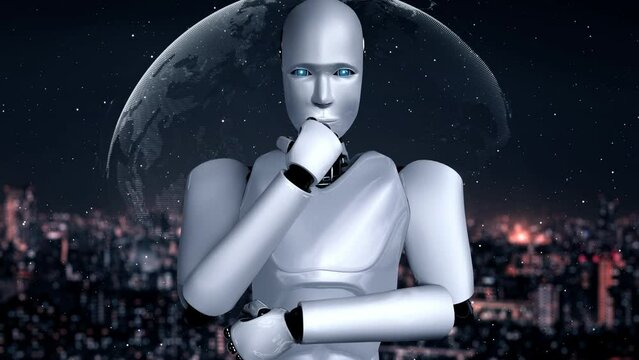 Futuristic robot artificial intelligence huminoid AI programming coding technology development and machine learning concept. Robotic bionic science research for future of human life. 3D rendering.