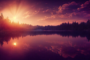 Image of a magic lake with a beautiful sunse.