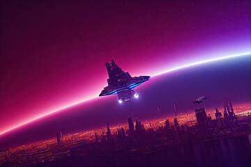 Image of a spaceship over a city at night.