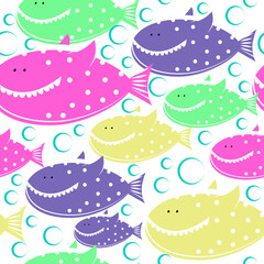 Funny colored sharks in polka dots with teeth. seamless pattern. Vector illustration - 549091796