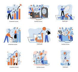 Capital gain, portfolio income, investment income. Investments and bonds, cash flow money slot, mutual fund, finance abstract metaphor. Money investing financiers analyzing stock market profit dollars