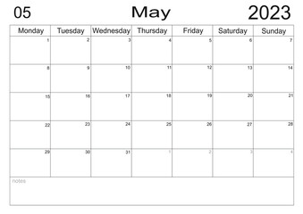 Planner for May 2023. Schedule for month. Monthly calendar. Organizer for