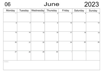 Planner for June 2023. Schedule for month. Monthly calendar. Organizer for June