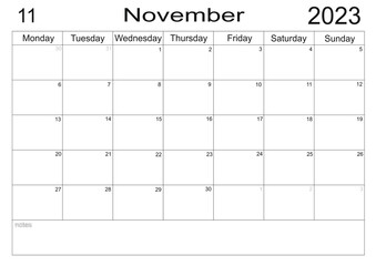 Planner for November 2023. Schedule for month. Monthly calendar. Organizer