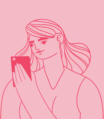 Dibujo lineal de mujer haciendo ciber activismo con su celular