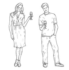 Woman and man holding glass wine. Vintage engraving illustration. Isolated on white