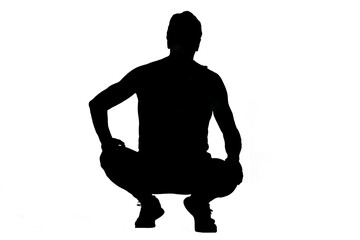 silhouette of a back view of a senior man with sportswear squatting on white background