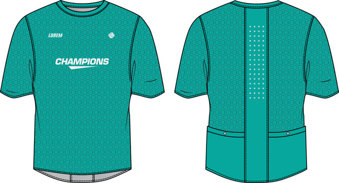 Short sleeve Compression Cycling jersey top t shirt flat sketch design illustration, Tight fit top design vector template, Active wear compression biker top concept with front and back view