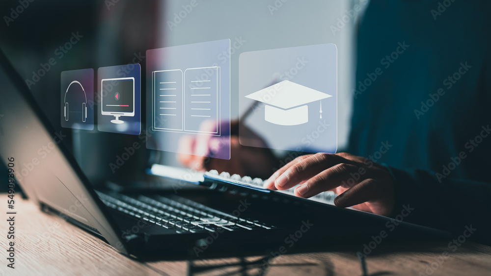 Fototapete Concept of Online education. man use Online education training and e-learning webinar on internet for personal development and professional qualifications. Digital courses to develop new skills.