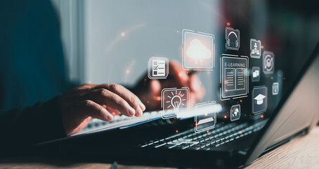 online exam concept, choose correct answer in test. checklist and online testing on laptop. online exam test with laptop. on-line questionnaire results on desktop. quiz.