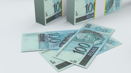 Money from Brazil. 100 reais. On top of a white table. 3d rendering.