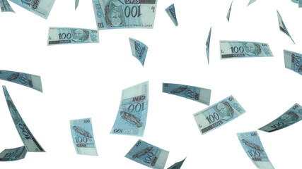Several banknotes of money flying  on a black background. 100 reais. Money from Brazil. 3d rendering. - obrazy, fototapety, plakaty