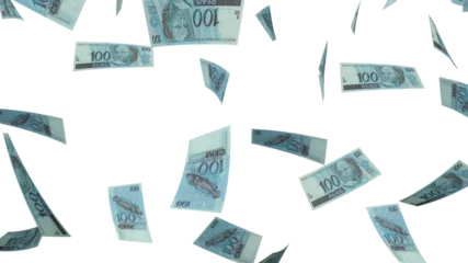 Fotobehang Several banknotes of money flying  on a black background. 100 reais. Money from Brazil. 3d rendering. © wesleyyaya