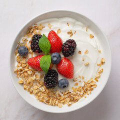 Granola from Greek yogurt with strawberries, blackberries and blueberries. Top View. Healthy food, snacks or breakfast.