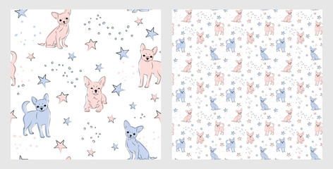 Pattern design with funny Chihuahua dogs doodles, seamless pattern. T-shirt textile, wrapping paper, blue background graphic design. Wallpaper for Babies and kids. Blue and Pink linen style. Stars.
