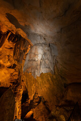 Fototapeta na wymiar Kirklareli, Turkey November 25, 2022: Dupnisa Caves; Dry and wet caves large underground system that has been developing for about four million years. There are rich dripstone formations in the cave.