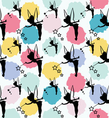 Seamless pattern with silhouette fairies and colorful polka dot. Beauty Background with fairy for girls. Kids pattern with cute fairy. Vector illustration.
