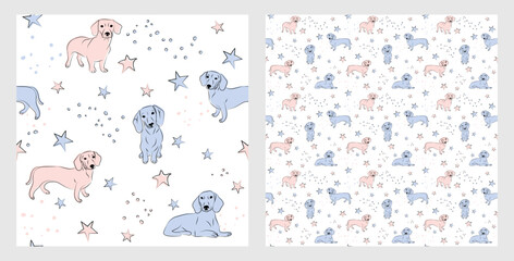 Pattern design with funny dachshund dogs doodles, seamless pattern. T-shirt textile, wrapping paper, blue background graphic design. Wallpaper for Babies and kids. Blue and Pink linen style. Stars.