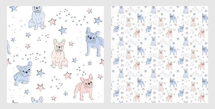 Pattern design with funny French bulldog dogs doodles, seamless pattern. T-shirt textile, wrapping paper, blue background graphic design. Wallpaper for Babies and kids. Blue and Pink linen style.