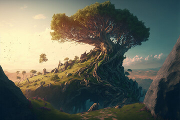 Surreal giant tree on top of a hill, detailed, path up the hill, vast landscape