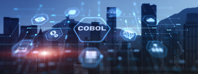Cobol. Common Business Oriented Language. Computer programming language designed for business use. City background