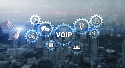 VoIP Voice over IP. Businessman pressing virtual screen Voice over Internet Protocol
