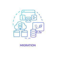 Fototapeta premium Migration blue gradient concept icon. Move website to new platform. Digital integrity. Data transfer abstract idea thin line illustration. Isolated outline drawing. Myriad Pro-Bold font used