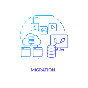 Migration blue gradient concept icon. Move website to new platform. Digital integrity. Data transfer abstract idea thin line illustration. Isolated outline drawing. Myriad Pro-Bold font used