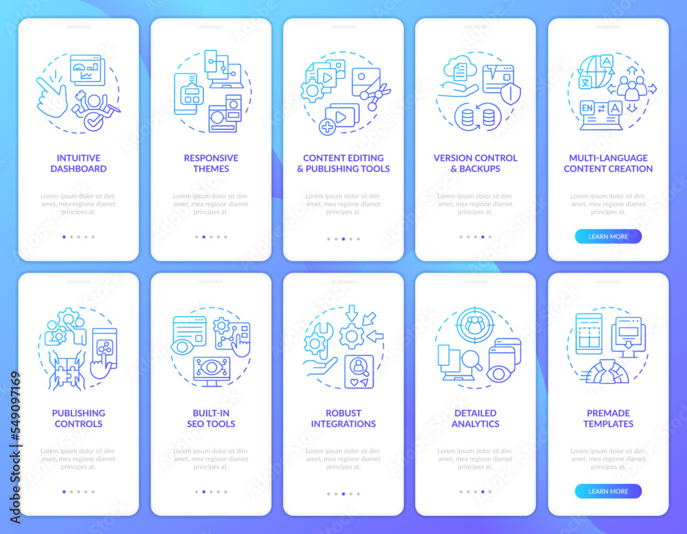 Wall mural CMS functionalities blue gradient onboarding mobile app screen set. Walkthrough 5 steps graphic instructions with linear concepts. UI, UX, GUI template. Myriad Pro-Bold, Regular fonts used