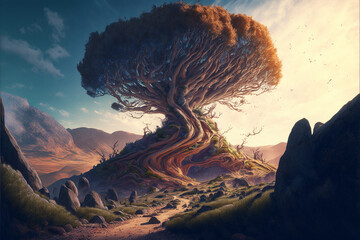 Fototapeta na wymiar Surreal giant tree on top of a hill, detailed, path up the hill, vast landscape