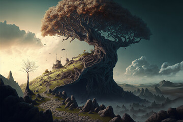 Surreal giant tree on top of a hill, detailed, path up the hill, vast landscape