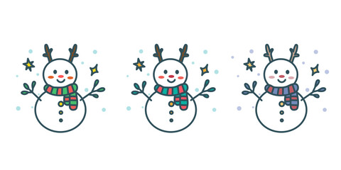Long endless pattern of cute kawaii snowmens on white background. Vector simple illustration for print. New Year's Christmas card. Merry Christmas.