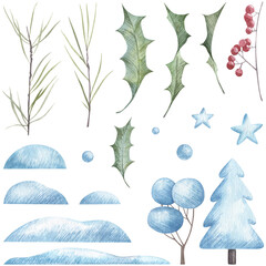 Fototapeta na wymiar Hand painted watercolor winter forest set. Raster clip art collection with snowdrifts, evergreen tree, snowflakes, holly, fir tree. Detailed objects on white background