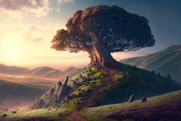 Fototapeta premium Surreal giant tree on top of a hill, detailed, path up the hill, vast landscape