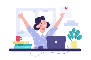 Concept of knowledge and education. Student girl happy with an excellent mark.