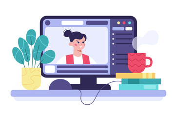 Concept of e-learning, online education. Screen of pc with website platform and teacher or tutor.