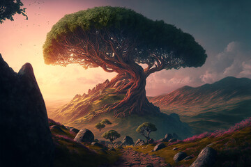 Surreal giant tree on top of a hill, detailed, path up the hill, vast landscape
