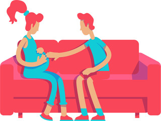 Man touching belly pregnant wife semi flat color vector characters. Pregnacy period. Sitting figures. Full body people on white. Simple cartoon style illustration for web graphic design and animation