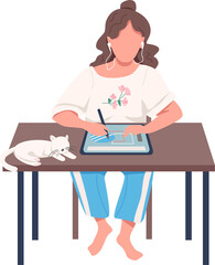 Digital designer with cat semi flat color vector character. Sitting figure. Remote work. Full body person on white. Simple cartoon style illustration for web graphic design and animation