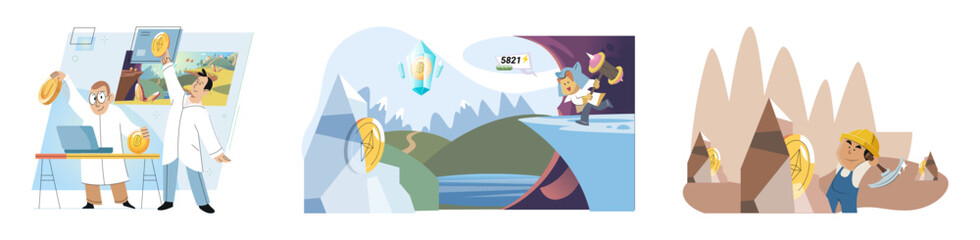 Play to earn games created on basis of blockchain project with elements of NFT, main purpose of earning. Player earn money by playing. Virtual character development business. Cryptocurrency game.