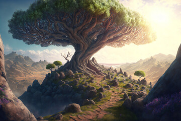Surreal giant tree on top of a hill, detailed, path up the hill, vast landscape