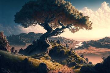 Fototapeta na wymiar Surreal giant tree on top of a hill, detailed, path up the hill, vast landscape