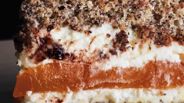 Dessert and sweet food, slice of layered cake with cream, caramel and chocolate as holiday treat recipe idea