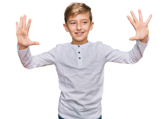 Little caucasian boy kid wearing casual clothes showing and pointing up with fingers number ten while smiling confident and happy.