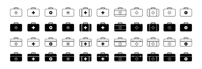 Set of medical bag icons in different shapes. Medical first aid kit.